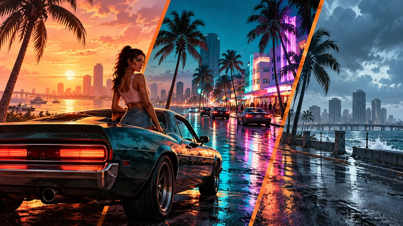 AI illustration: Three imagined coastal scenes in sunset, neon and overcast lighting.
