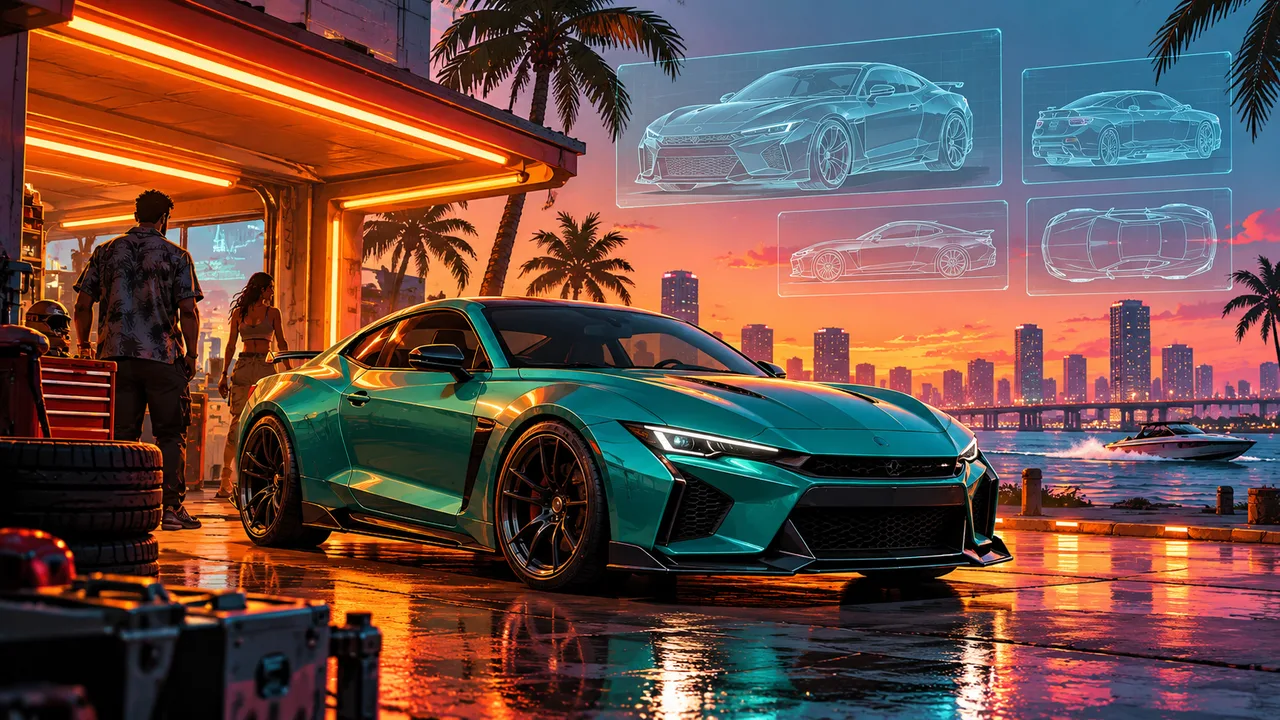 AI illustration: A teal sports coupe beneath a neon garage canopy with vehicle study drawings.
