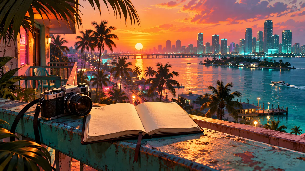 AI illustration: A blank field notebook and camera on a motel balcony above a coastal city.