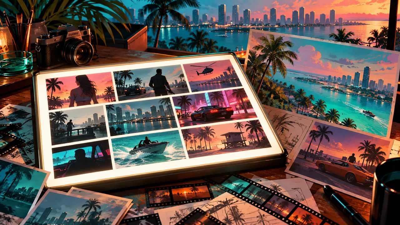 AI illustration: A lightbox of fictional photographic scenes beside illustrated tropical postcards.