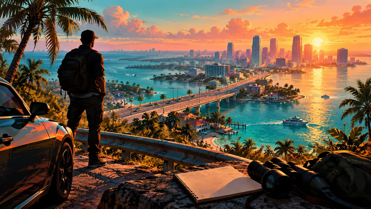 AI illustration: A traveler beside a coastal road with a notebook overlooking a city at dawn.